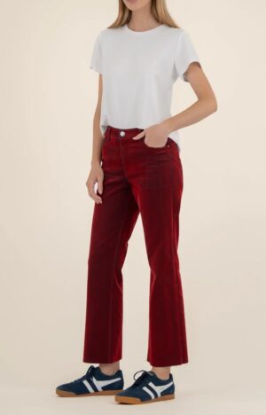 KUT Kelsey Flocked Hi Rise Ankle Flare - Red Velveteen - Image 2